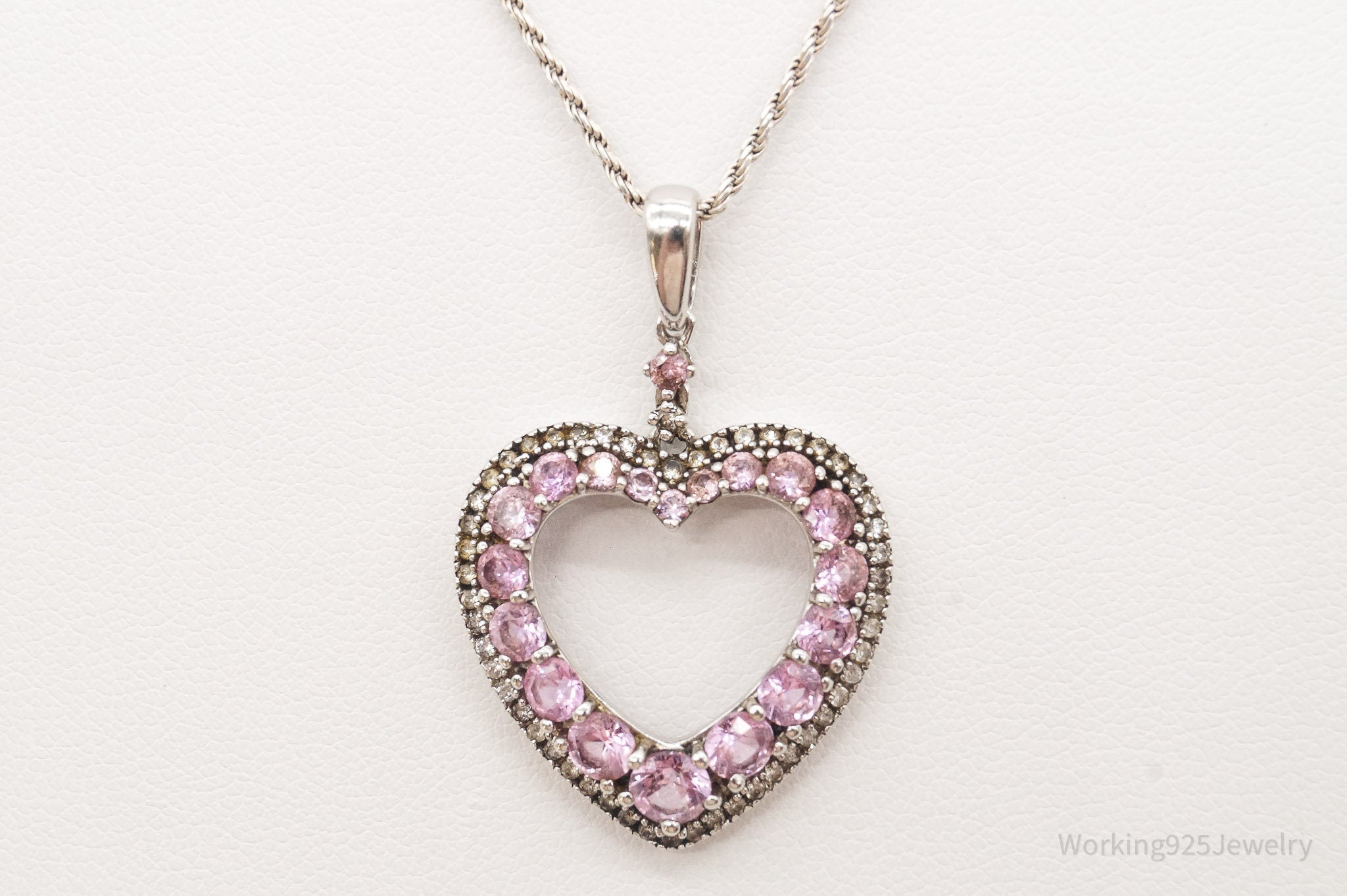 Vintage Pink & White Cubic Zirconia Heart Sterling Silver Necklace - Che Cose Belle
