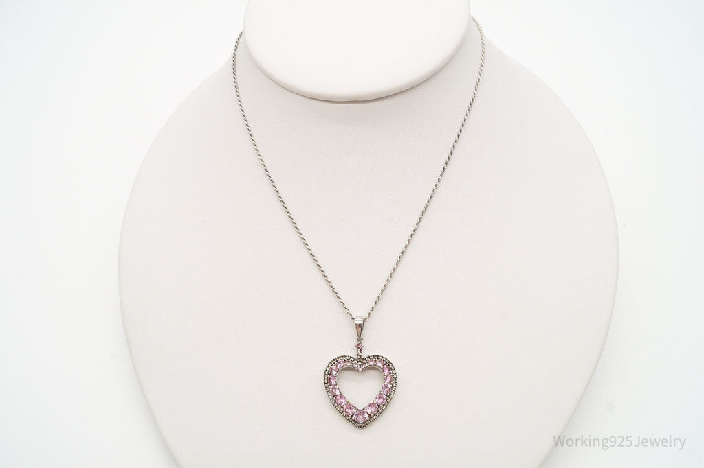 Vintage Pink & White Cubic Zirconia Heart Sterling Silver Necklace - Che Cose Belle