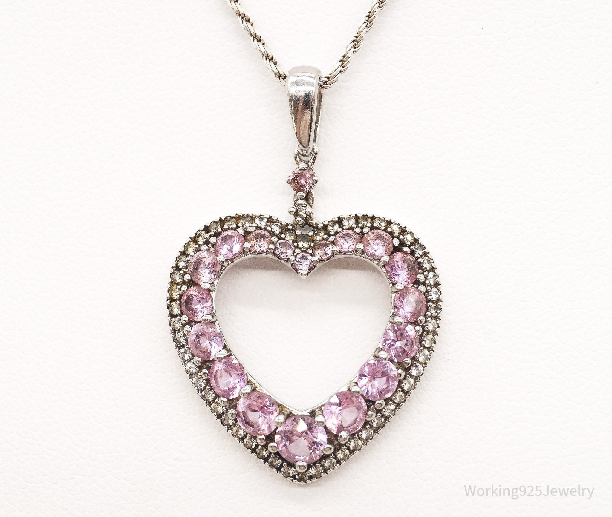 Vintage Pink & White Cubic Zirconia Heart Sterling Silver Necklace - Che Cose Belle