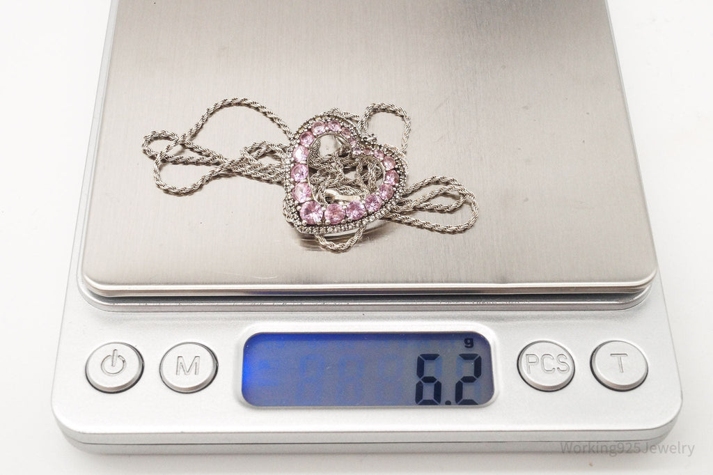 Vintage Pink & White Cubic Zirconia Heart Sterling Silver Necklace - Che Cose Belle
