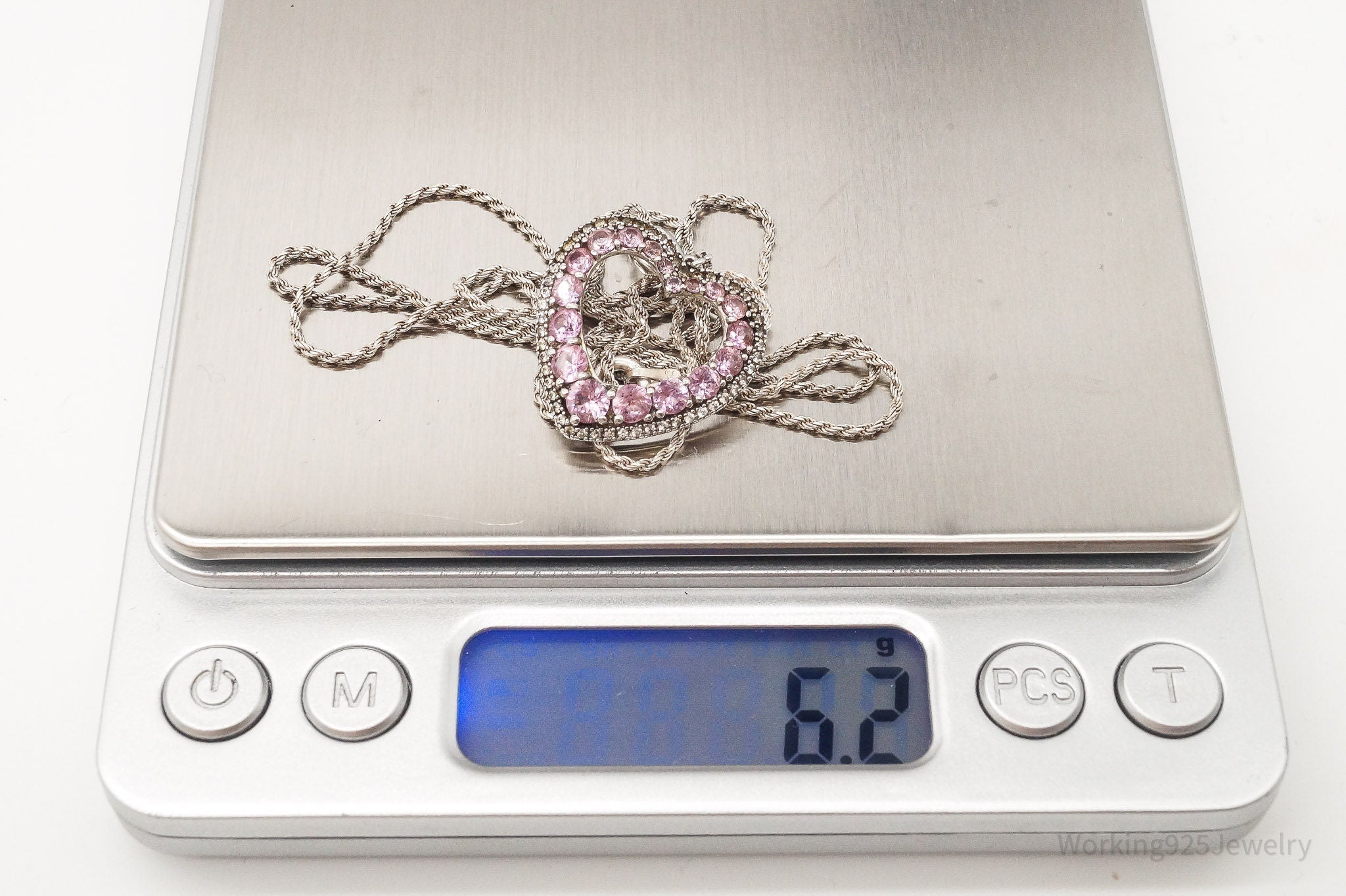 Vintage Pink & White Cubic Zirconia Heart Sterling Silver Necklace - Che Cose Belle