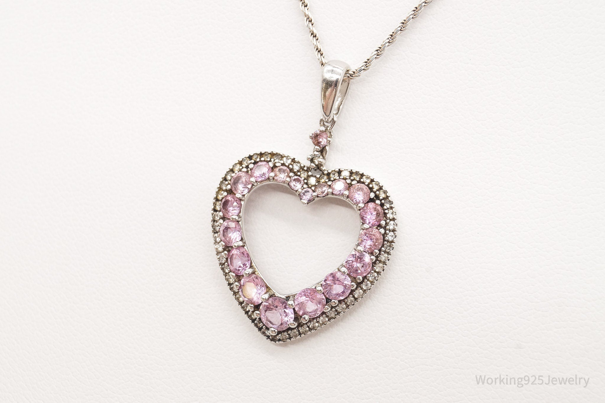 Vintage Pink & White Cubic Zirconia Heart Sterling Silver Necklace - Che Cose Belle