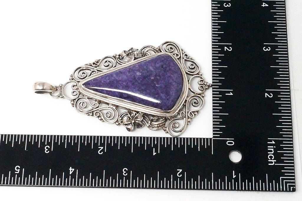 Vintage Purple Charoite Sterling Silver Floral Scroll Statement Necklace Pendant - Che Cose Belle