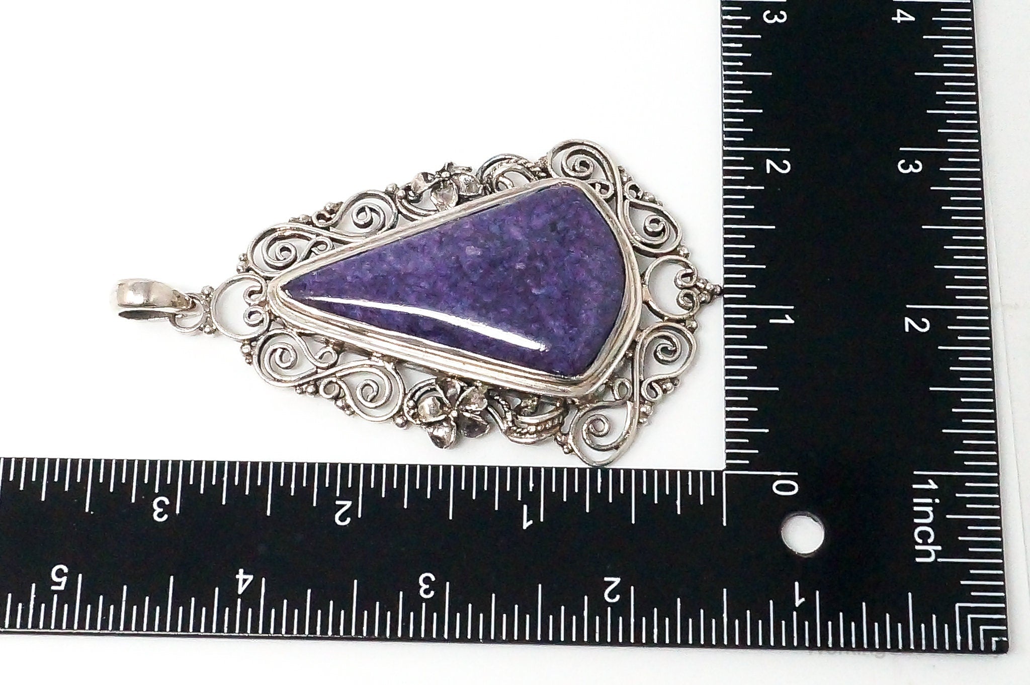 Vintage Purple Charoite Sterling Silver Floral Scroll Statement Necklace Pendant - Che Cose Belle