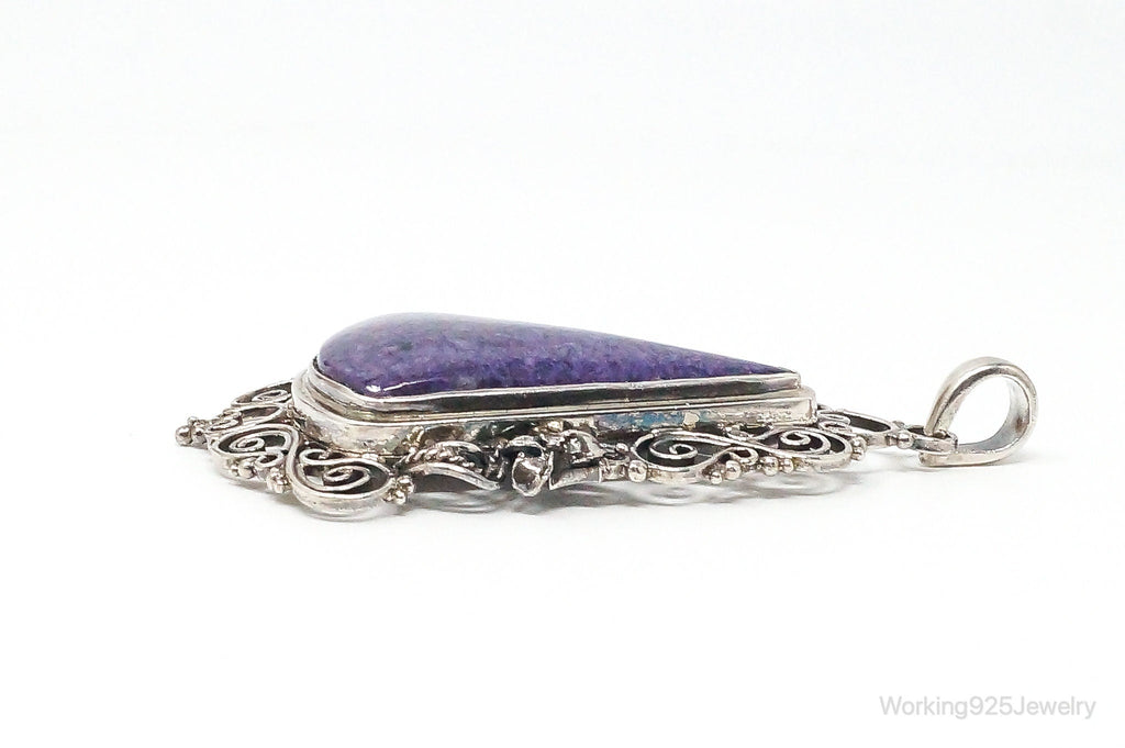 Vintage Purple Charoite Sterling Silver Floral Scroll Statement Necklace Pendant - Che Cose Belle