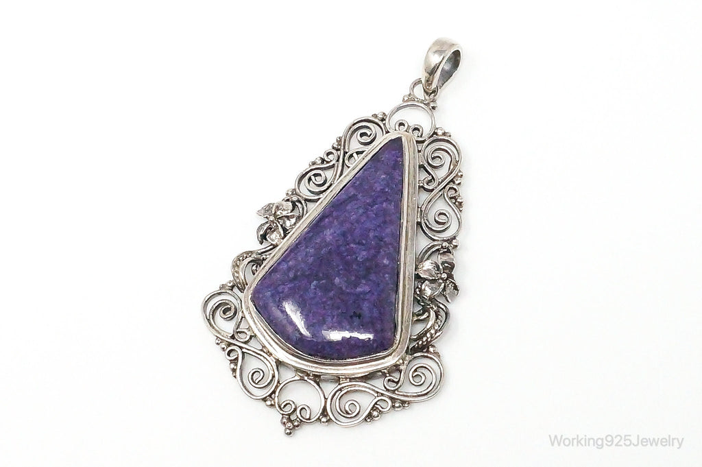 Vintage Purple Charoite Sterling Silver Floral Scroll Statement Necklace Pendant - Che Cose Belle
