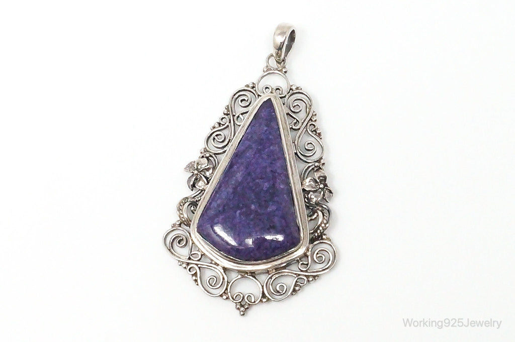 Vintage Purple Charoite Sterling Silver Floral Scroll Statement Necklace Pendant - Che Cose Belle