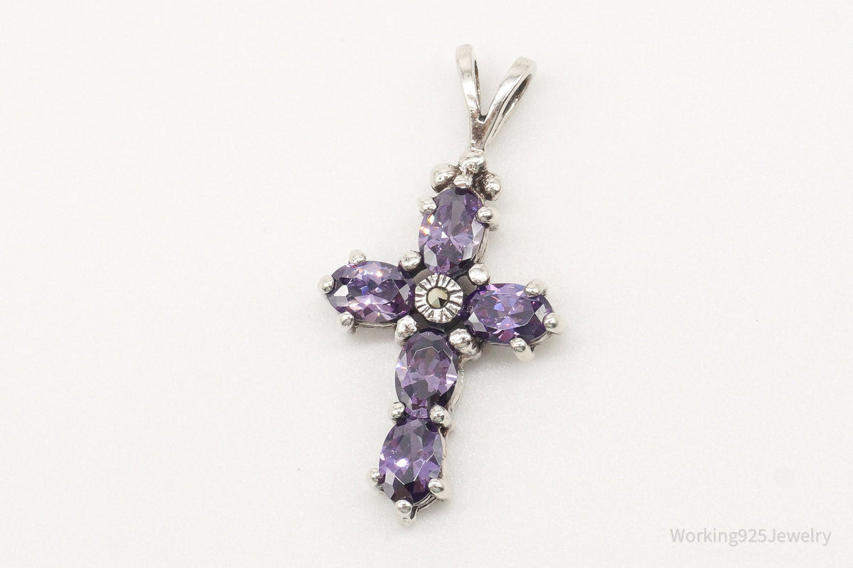 Vintage Purple Cubic Zirconia Marcasite Cross Sterling Silver Pendant - Che Cose Belle