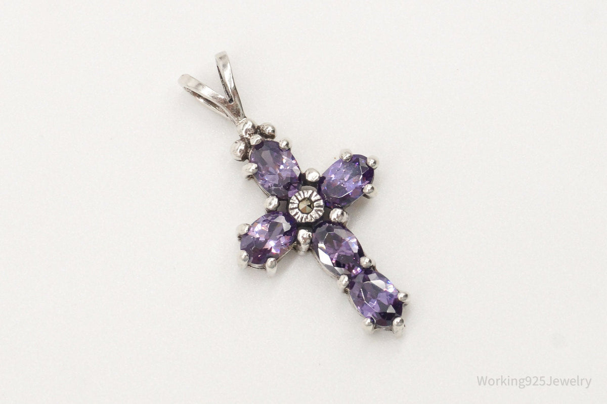 Vintage Purple Cubic Zirconia Marcasite Cross Sterling Silver Pendant - Che Cose Belle