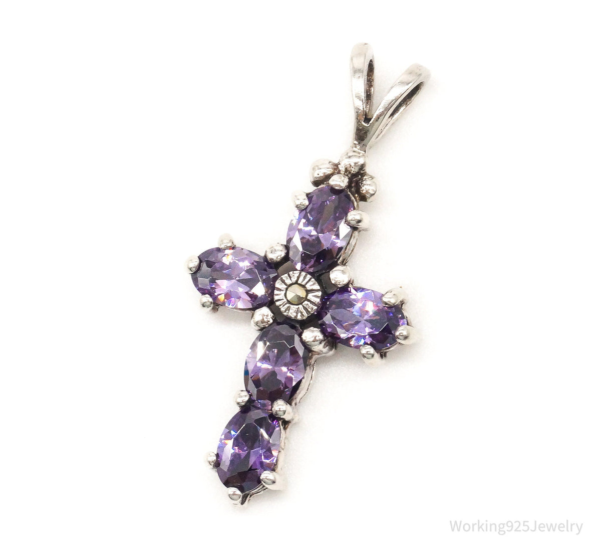 Vintage Purple Cubic Zirconia Marcasite Cross Sterling Silver Pendant - Che Cose Belle