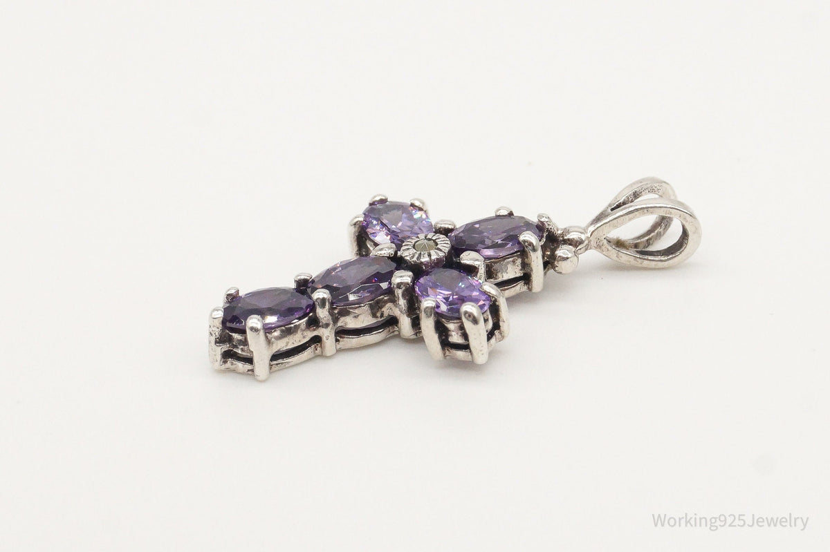 Vintage Purple Cubic Zirconia Marcasite Cross Sterling Silver Pendant - Che Cose Belle