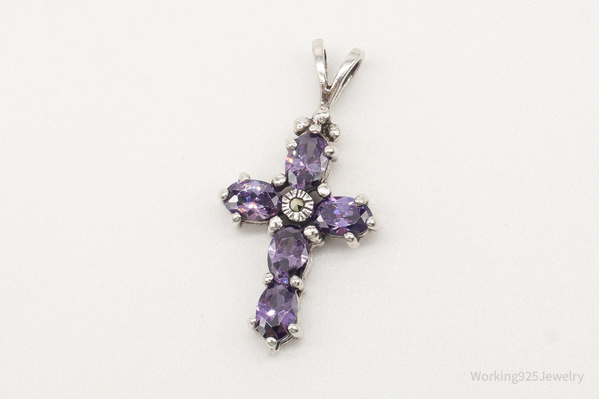 Vintage Purple Cubic Zirconia Marcasite Cross Sterling Silver Pendant - Che Cose Belle