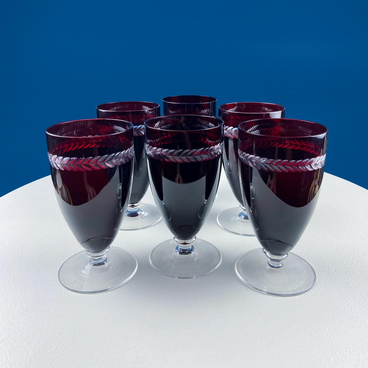 Vintage Ruby Red Bohemian Crystal Wine Water Goblets. Red to Clear with Engraved Laurel Wreath Band. Set of Six Stemware. Dining Room Decor - Che Cose Belle