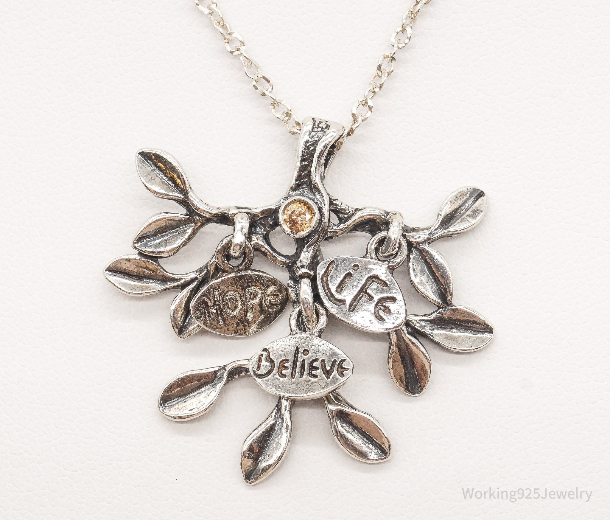 Vintage Shablool Didae Orange CZ Hope Believe Life Tree Sterling Silver Necklace - Che Cose Belle