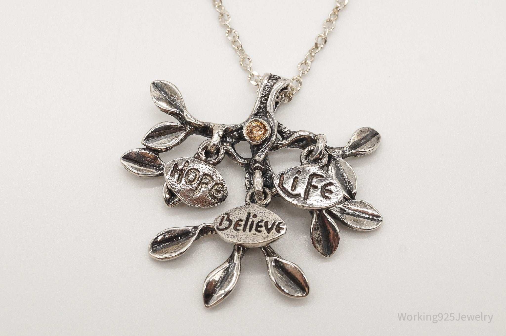 Vintage Shablool Didae Orange CZ Hope Believe Life Tree Sterling Silver Necklace - Che Cose Belle