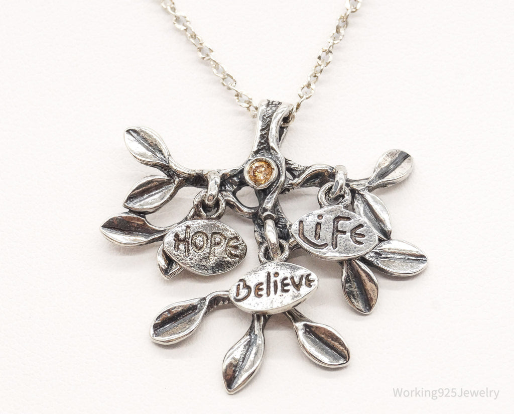 Vintage Shablool Didae Orange CZ Hope Believe Life Tree Sterling Silver Necklace - Che Cose Belle