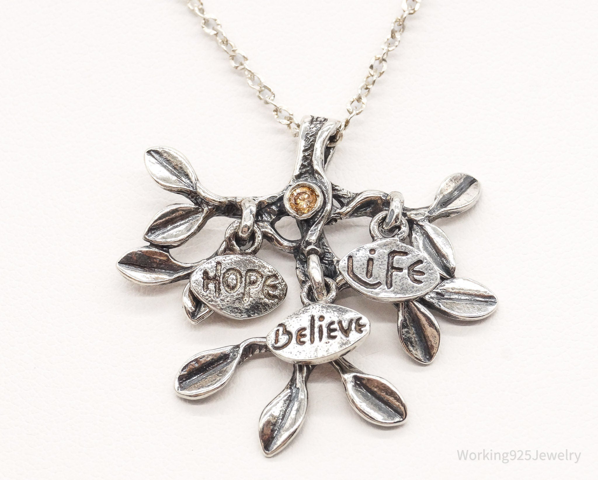 Vintage Shablool Didae Orange CZ Hope Believe Life Tree Sterling Silver Necklace - Che Cose Belle