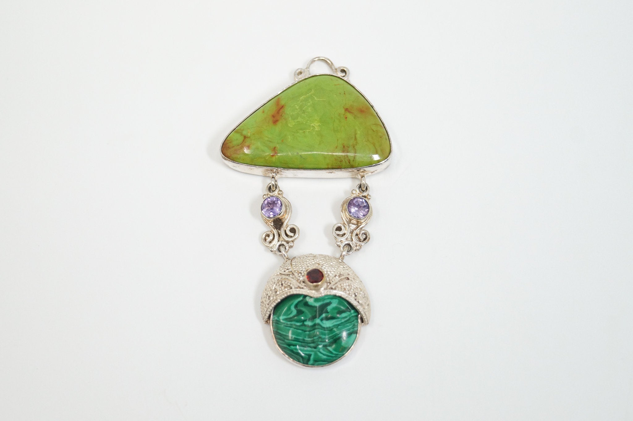 Vintage Turquoise Amethyst Malachite Garnet Sterling Silver Moon Face Pendant - Che Cose Belle