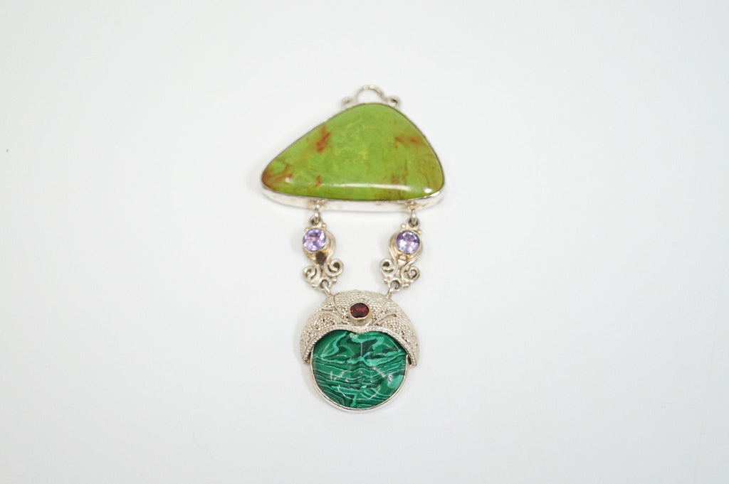 Vintage Turquoise Amethyst Malachite Garnet Sterling Silver Moon Face Pendant - Che Cose Belle