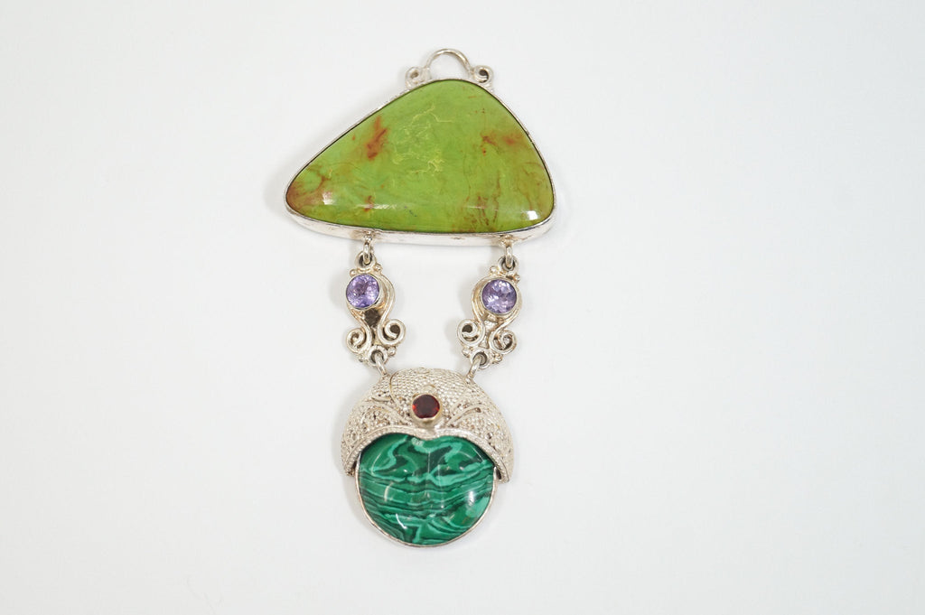 Vintage Turquoise Amethyst Malachite Garnet Sterling Silver Moon Face Pendant - Che Cose Belle