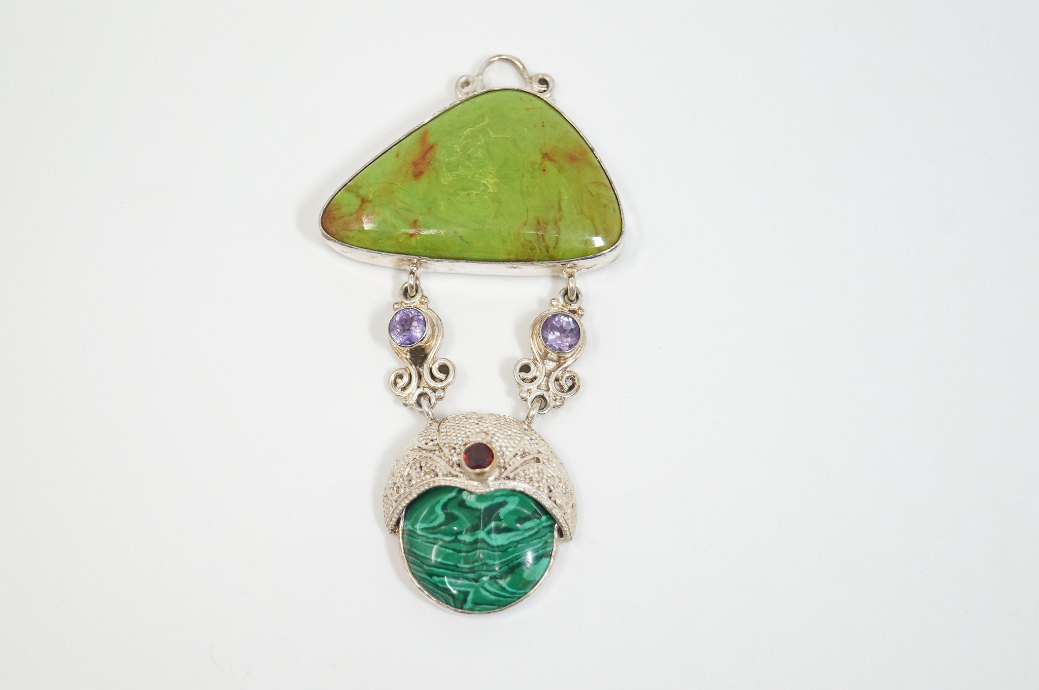 Vintage Turquoise Amethyst Malachite Garnet Sterling Silver Moon Face Pendant - Che Cose Belle