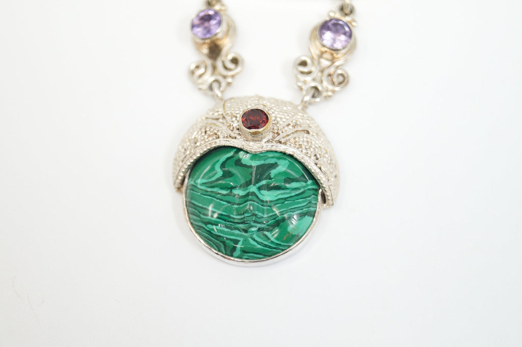 Vintage Turquoise Amethyst Malachite Garnet Sterling Silver Moon Face Pendant - Che Cose Belle