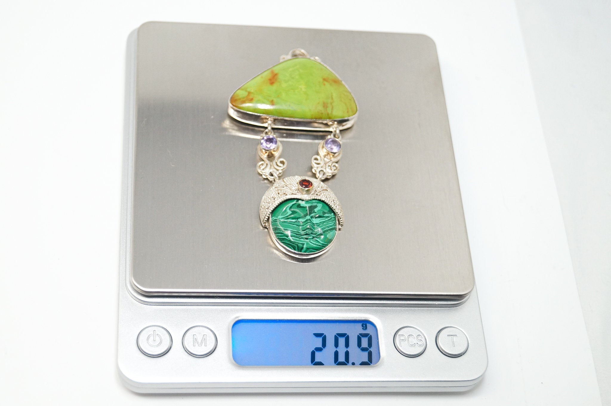 Vintage Turquoise Amethyst Malachite Garnet Sterling Silver Moon Face Pendant - Che Cose Belle