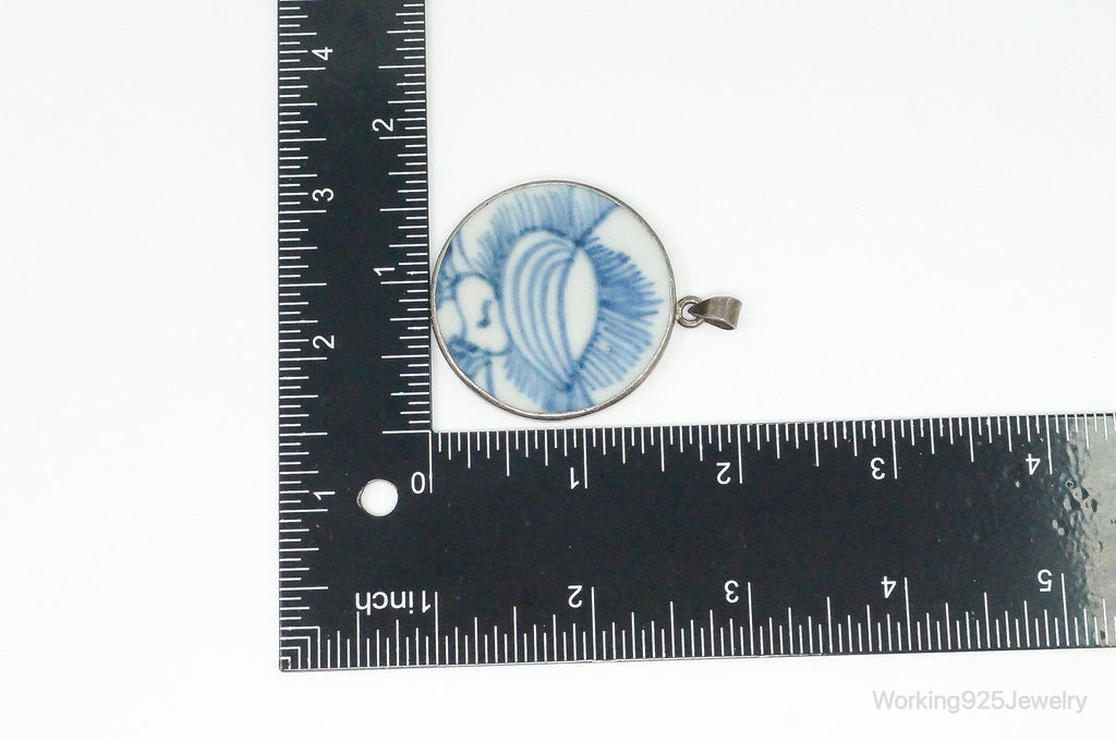 Vintage White Blue Ming Porcelain Sterling Silver Pendant - Che Cose Belle
