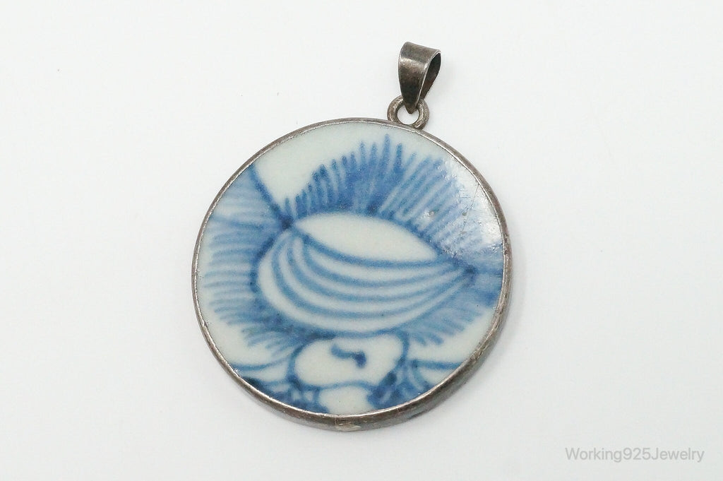Vintage White Blue Ming Porcelain Sterling Silver Pendant - Che Cose Belle