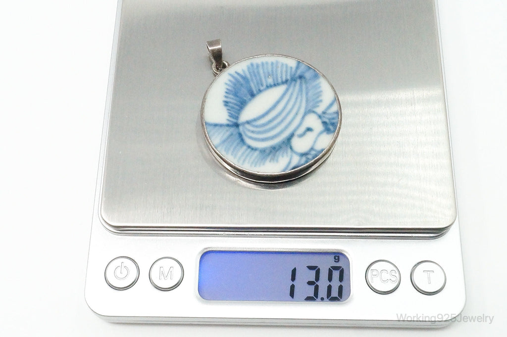 Vintage White Blue Ming Porcelain Sterling Silver Pendant - Che Cose Belle