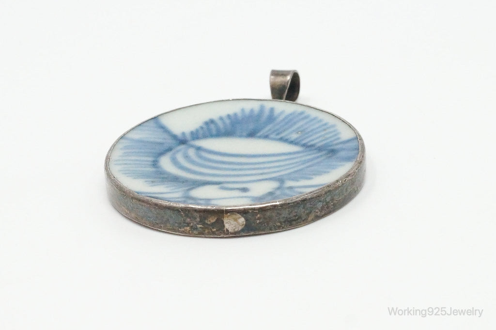 Vintage White Blue Ming Porcelain Sterling Silver Pendant - Che Cose Belle
