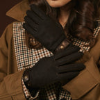 Violetta (dark brown) - Italian tweed women's gloves with touchscreen capability and adjustable snap button - Che Cose Belle