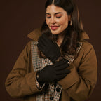 Violetta (dark brown) - Italian tweed women's gloves with touchscreen capability and adjustable snap button - Che Cose Belle
