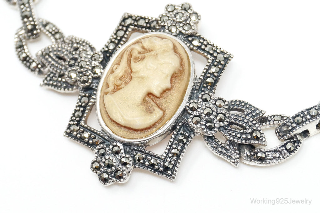VTG Carved Cameo Shell Black Onyx Marcasite Sterling Silver Necklace - Che Cose Belle