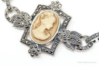 VTG Carved Cameo Shell Black Onyx Marcasite Sterling Silver Necklace - Che Cose Belle