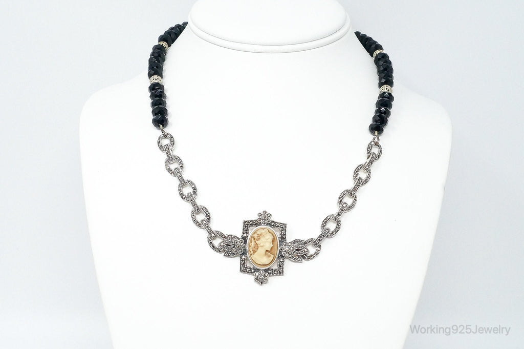 VTG Carved Cameo Shell Black Onyx Marcasite Sterling Silver Necklace - Che Cose Belle