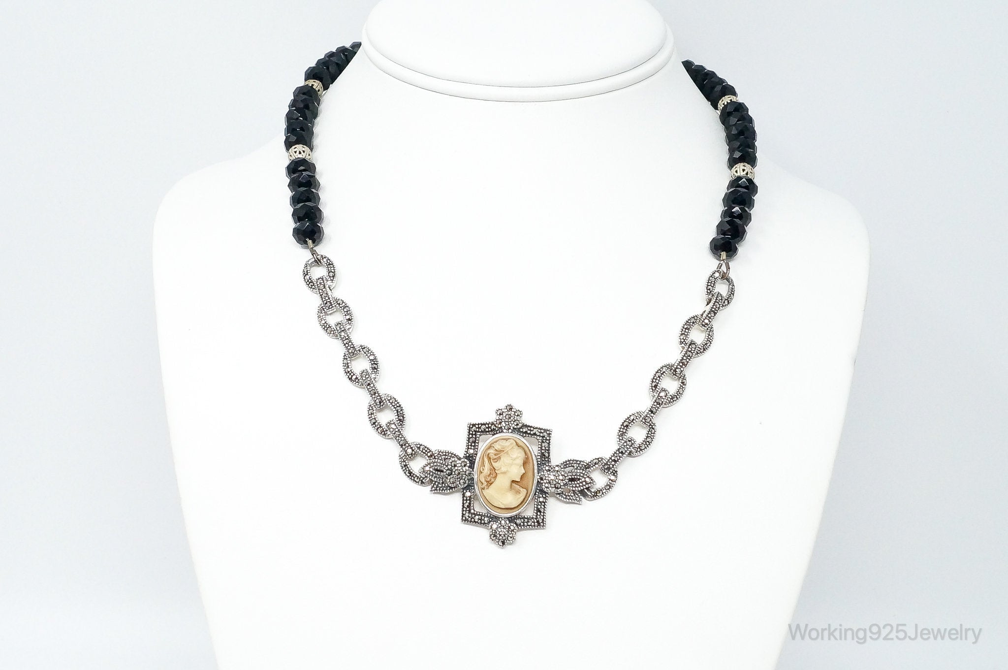 VTG Carved Cameo Shell Black Onyx Marcasite Sterling Silver Necklace - Che Cose Belle