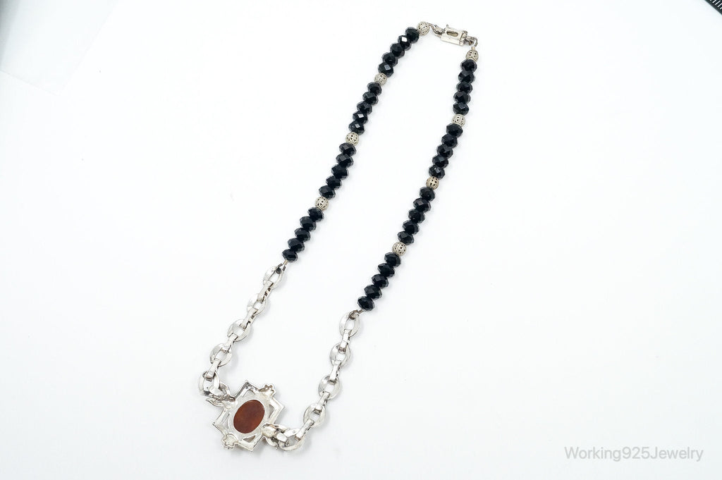 VTG Carved Cameo Shell Black Onyx Marcasite Sterling Silver Necklace - Che Cose Belle