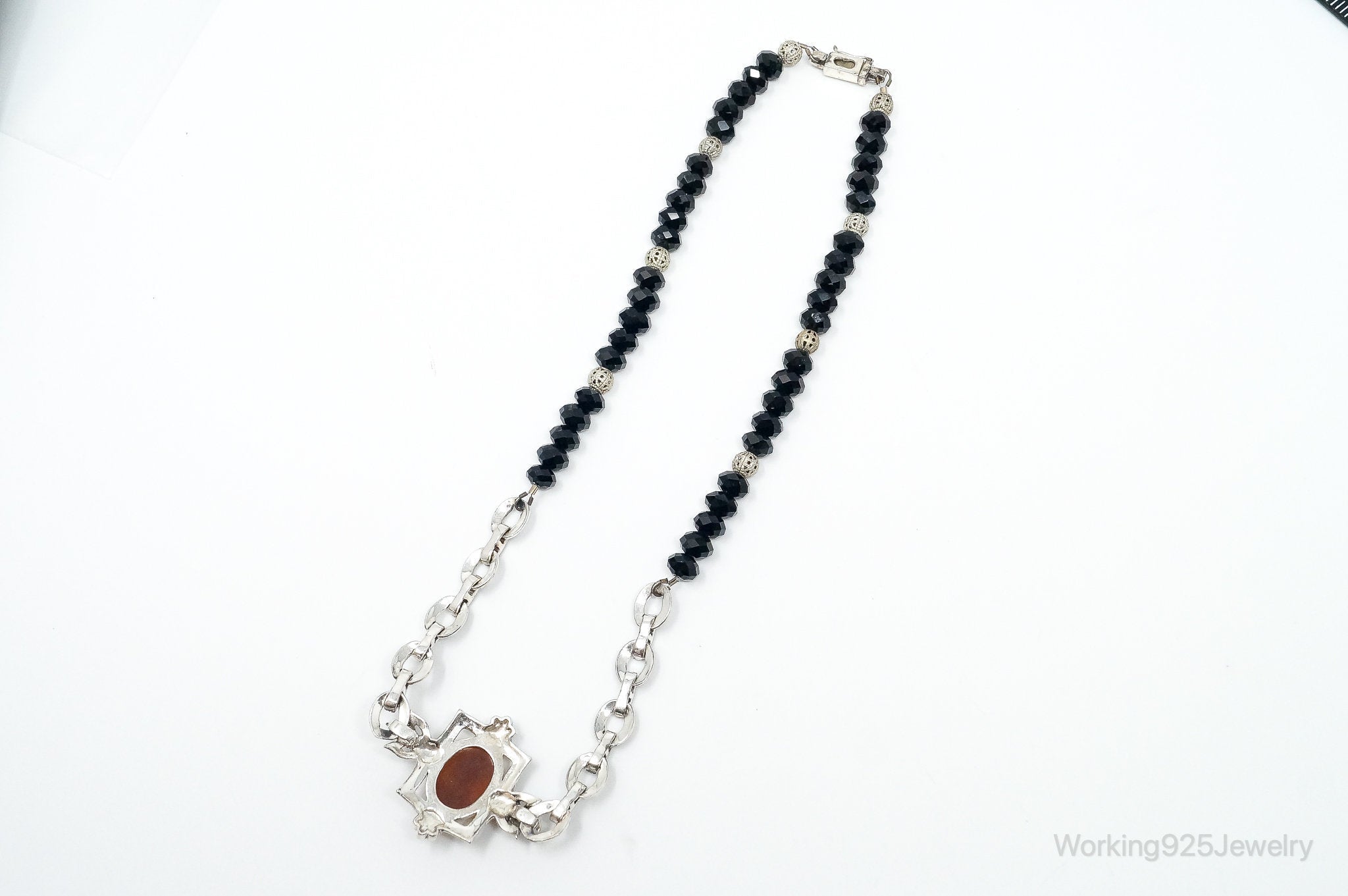 VTG Carved Cameo Shell Black Onyx Marcasite Sterling Silver Necklace - Che Cose Belle