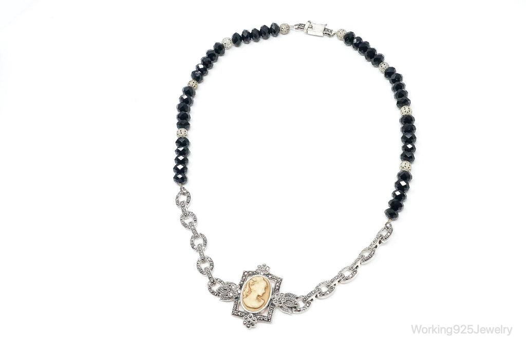 VTG Carved Cameo Shell Black Onyx Marcasite Sterling Silver Necklace - Che Cose Belle