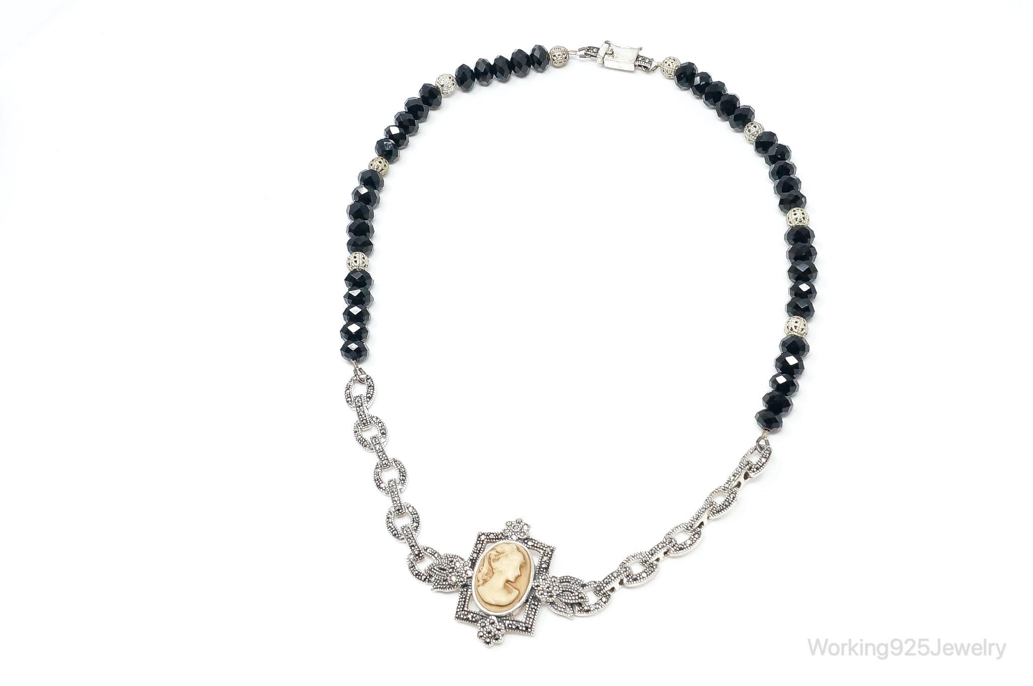 VTG Carved Cameo Shell Black Onyx Marcasite Sterling Silver Necklace - Che Cose Belle
