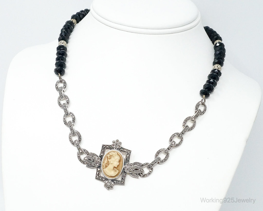 VTG Carved Cameo Shell Black Onyx Marcasite Sterling Silver Necklace - Che Cose Belle