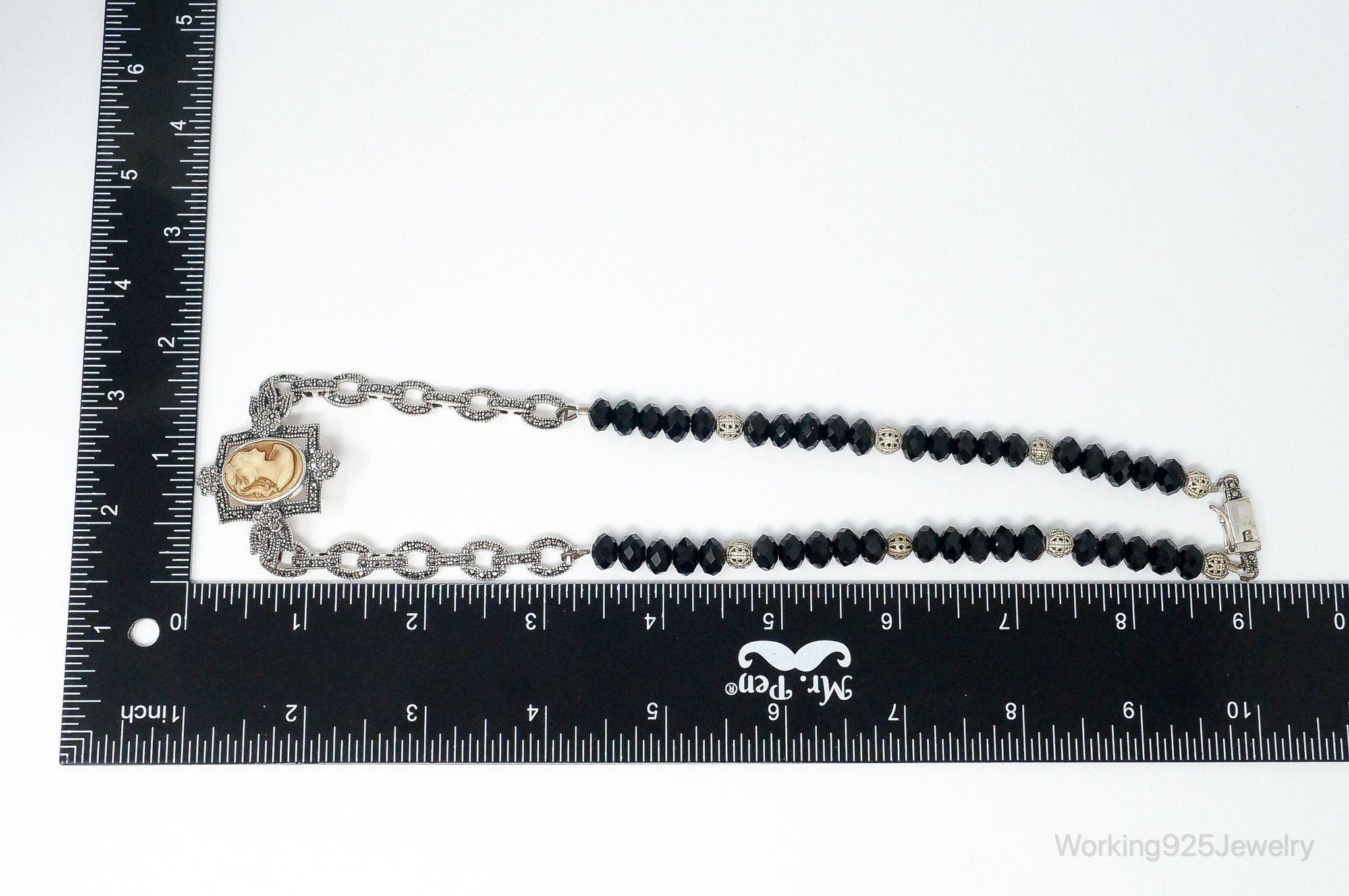 VTG Carved Cameo Shell Black Onyx Marcasite Sterling Silver Necklace - Che Cose Belle