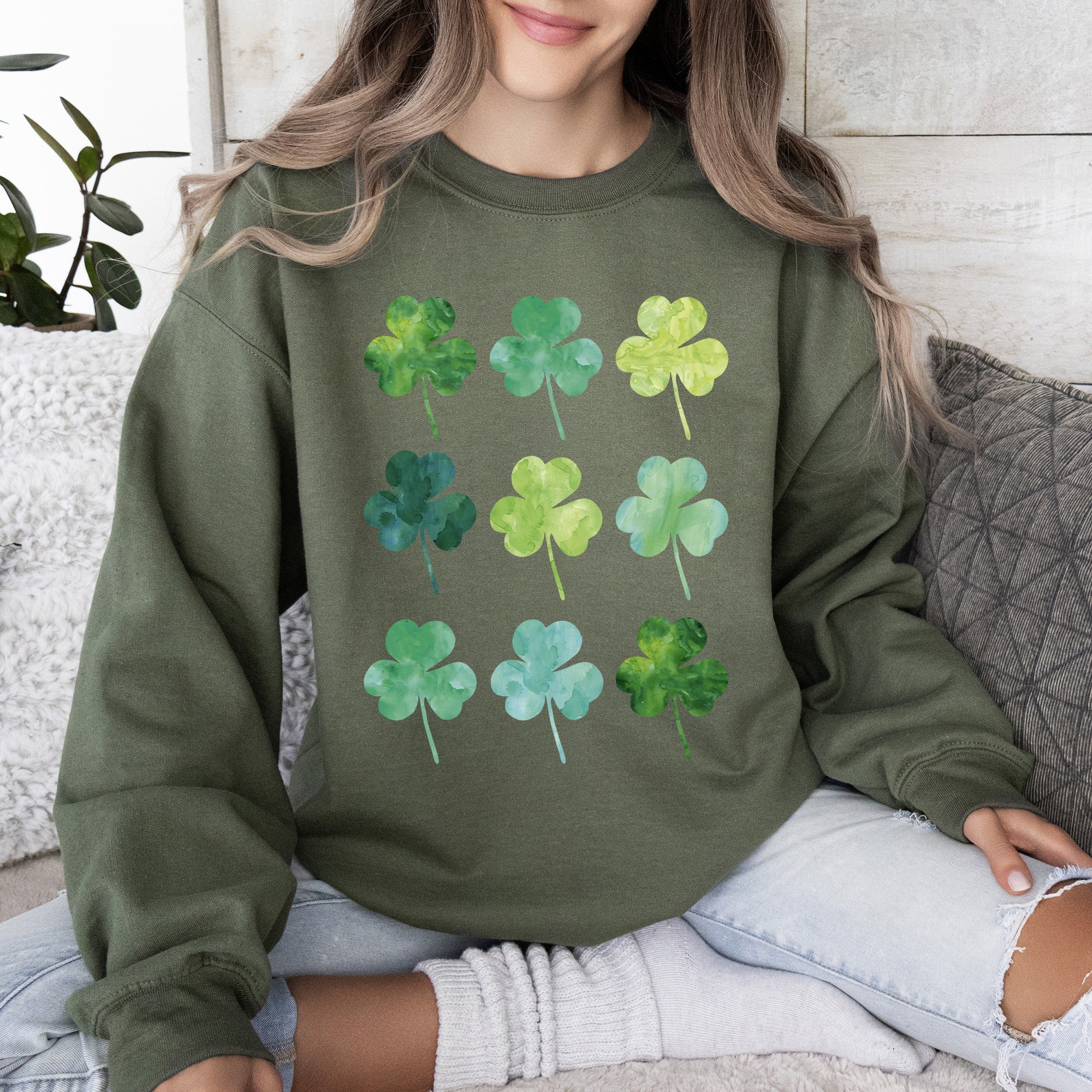 Watercolor Shamrocks In Rows, St Patrick's Day Sweatshirt - Che Cose Belle