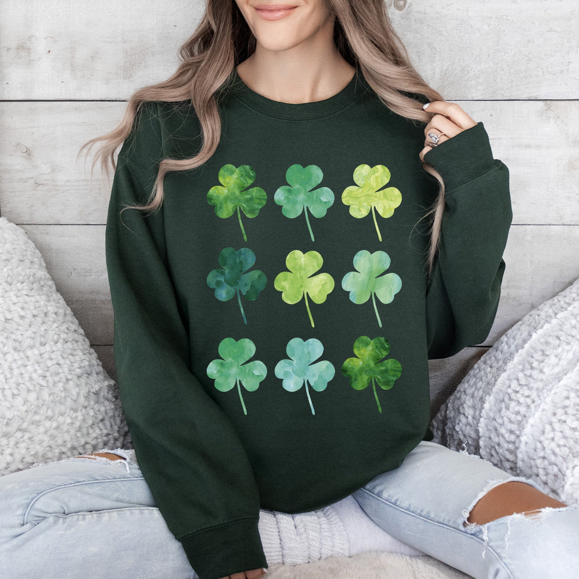 Watercolor Shamrocks In Rows, St Patrick's Day Sweatshirt - Che Cose Belle