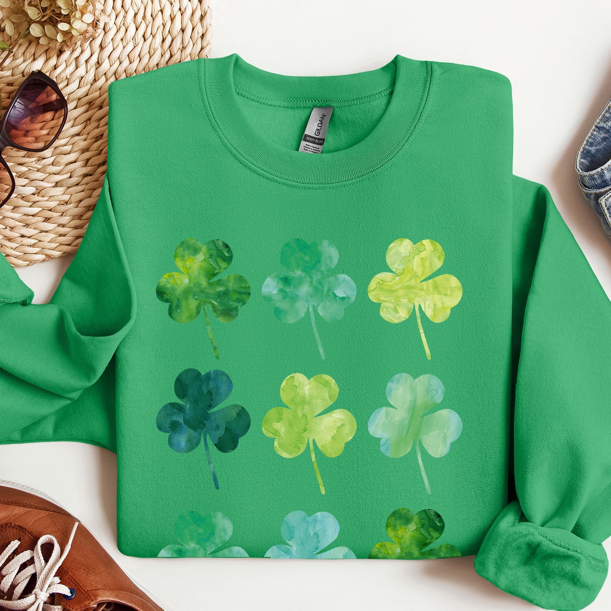 Watercolor Shamrocks In Rows, St Patrick's Day Sweatshirt - Che Cose Belle