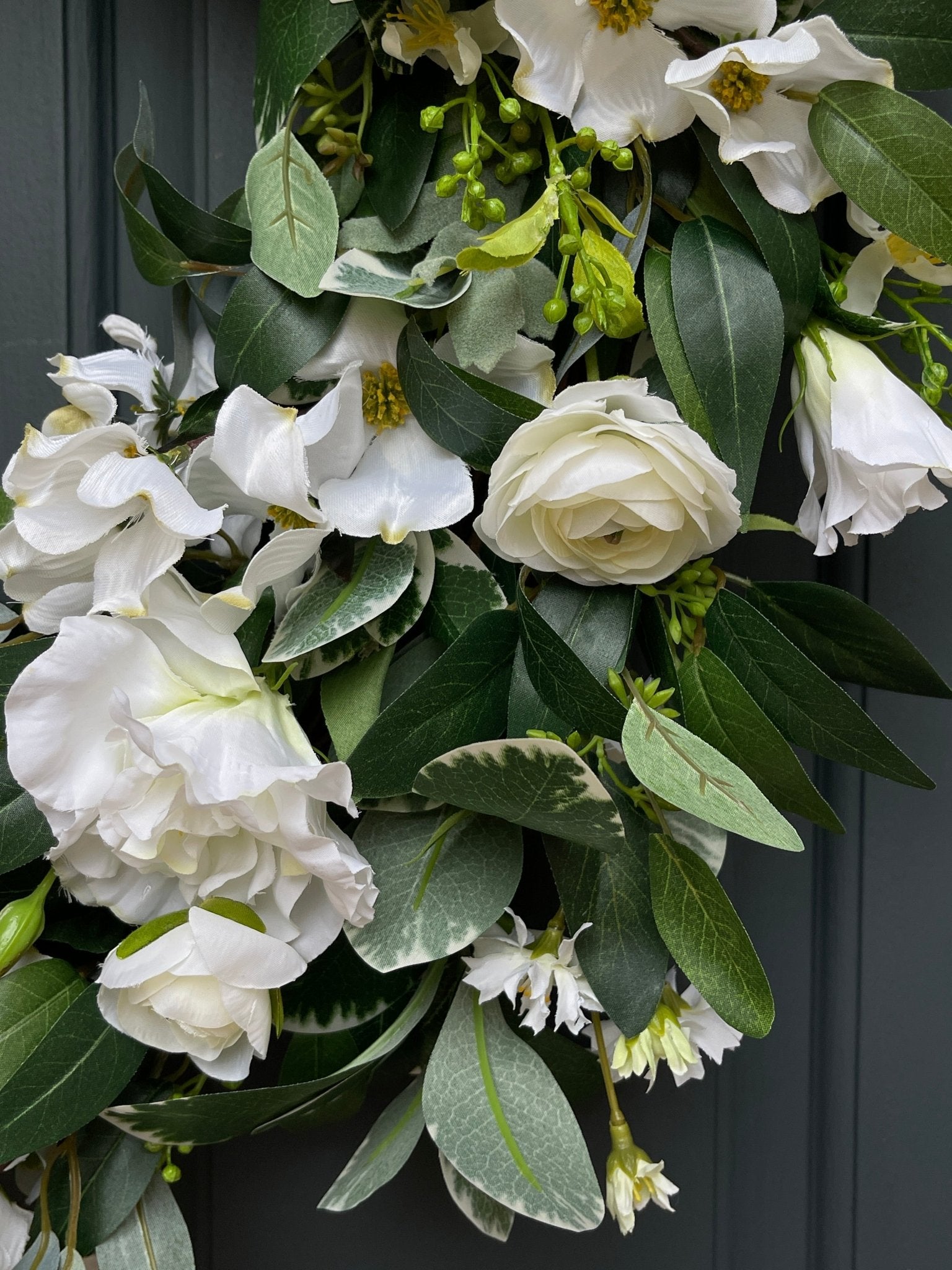 White and Green Dogwood Ranunculus Spring Wreath - Che Cose Belle