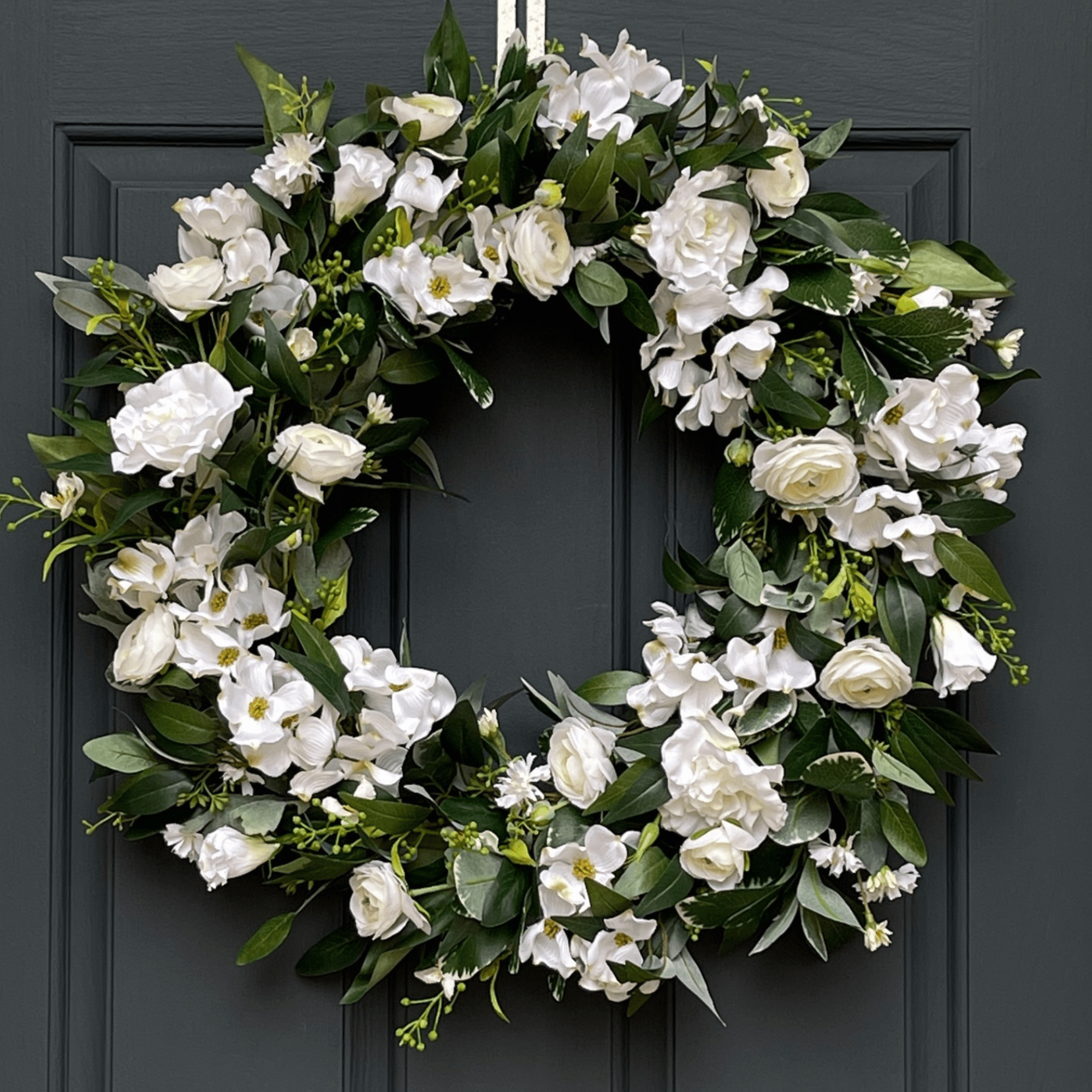 White and Green Dogwood Ranunculus Spring Wreath - Che Cose Belle