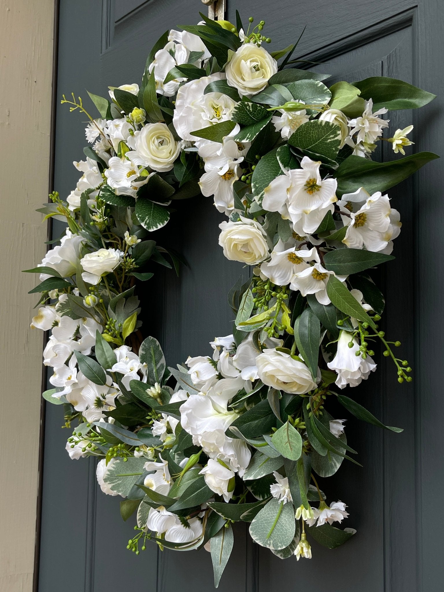 White and Green Dogwood Ranunculus Spring Wreath - Che Cose Belle
