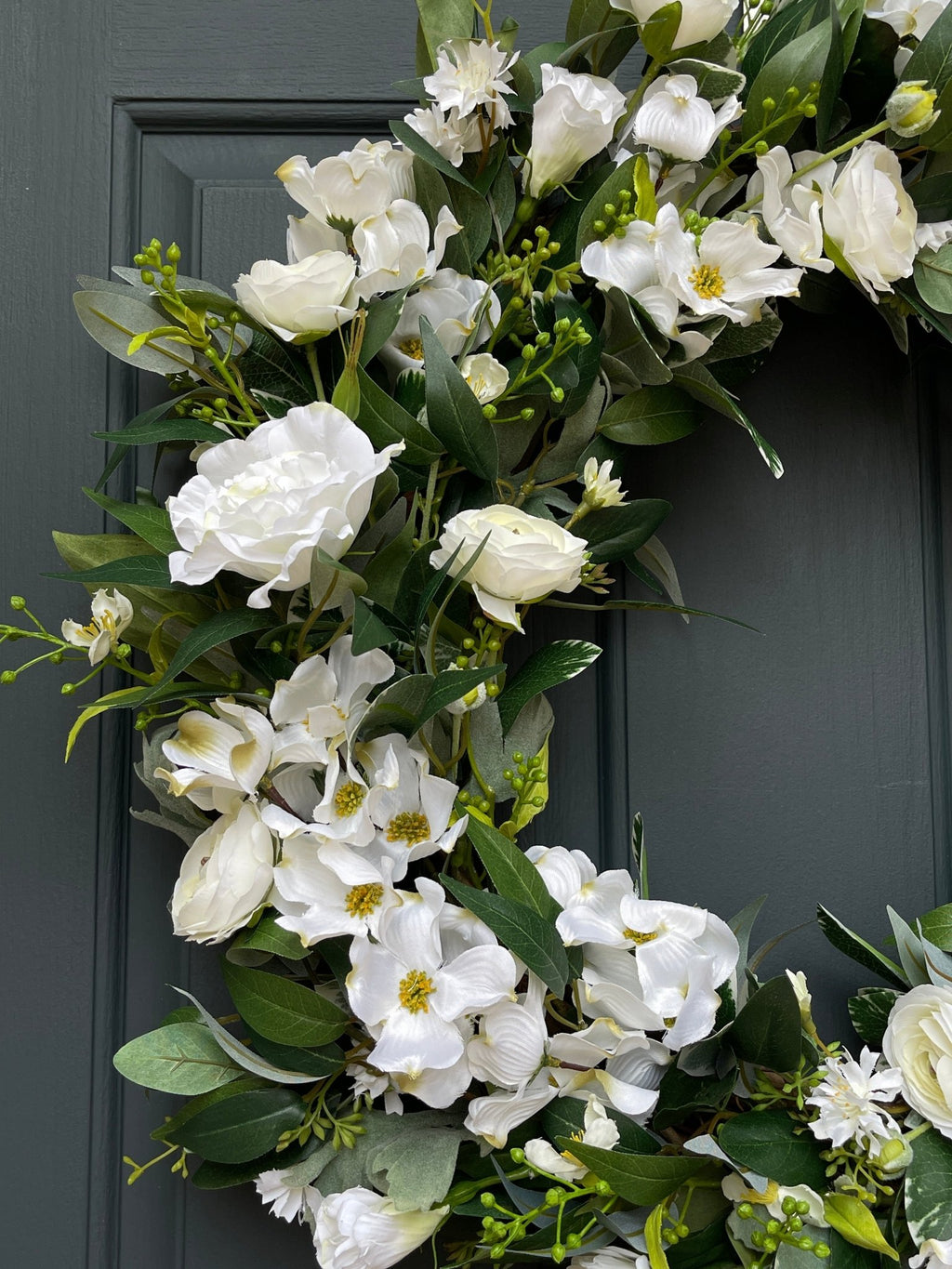 White and Green Dogwood Ranunculus Spring Wreath - Che Cose Belle
